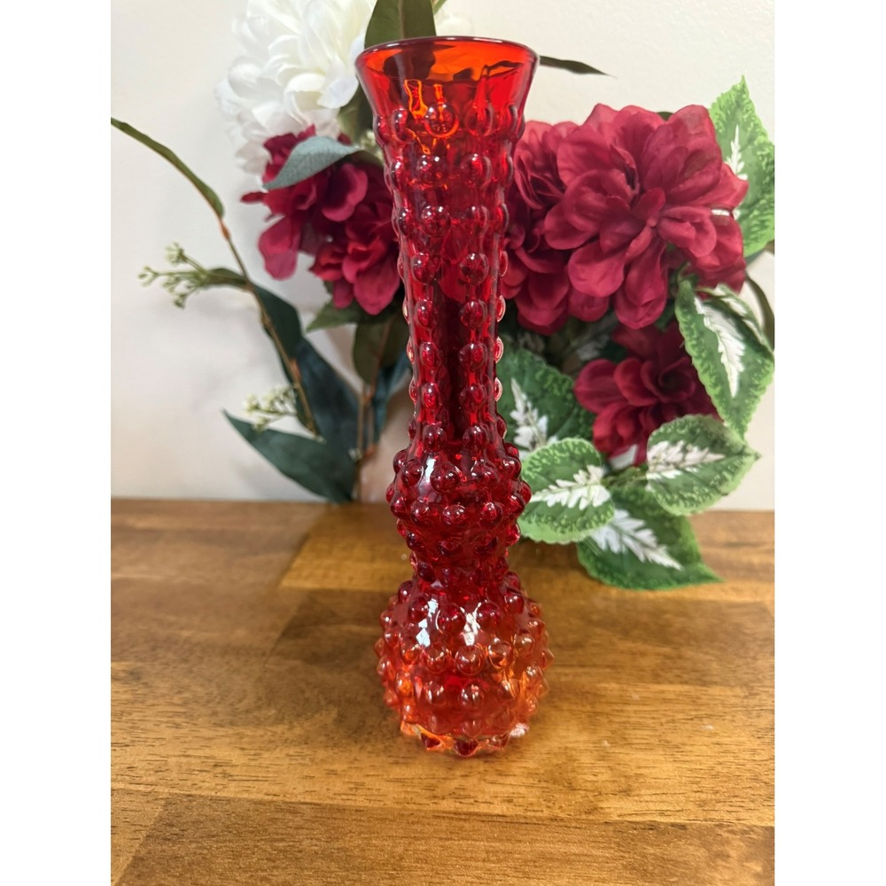 Vintage Red Hobnail Glass Bud Vase MCM Fenton Style Art Glass Retro Home Decor